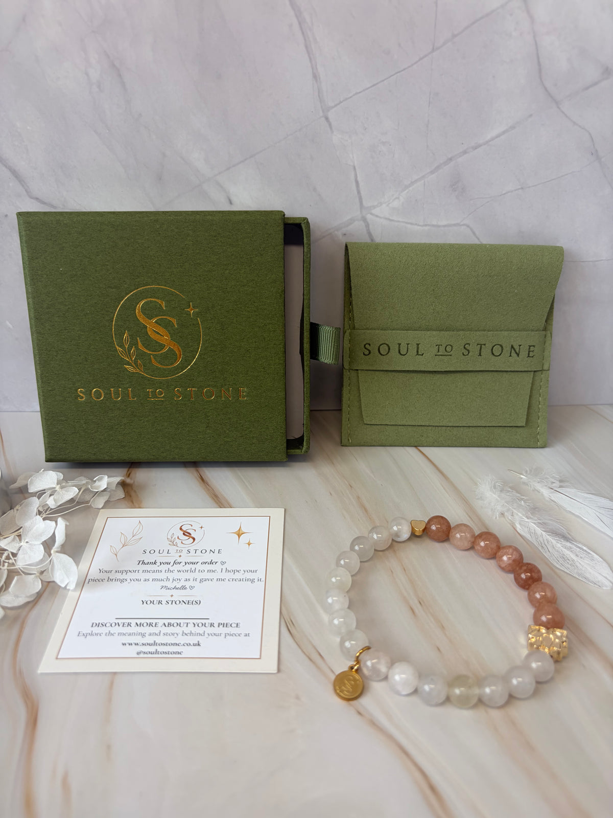 Statement Blue Flash Moonstone and Peach Moonstone Bracelet with a Heart and Lotus Flower Charm
