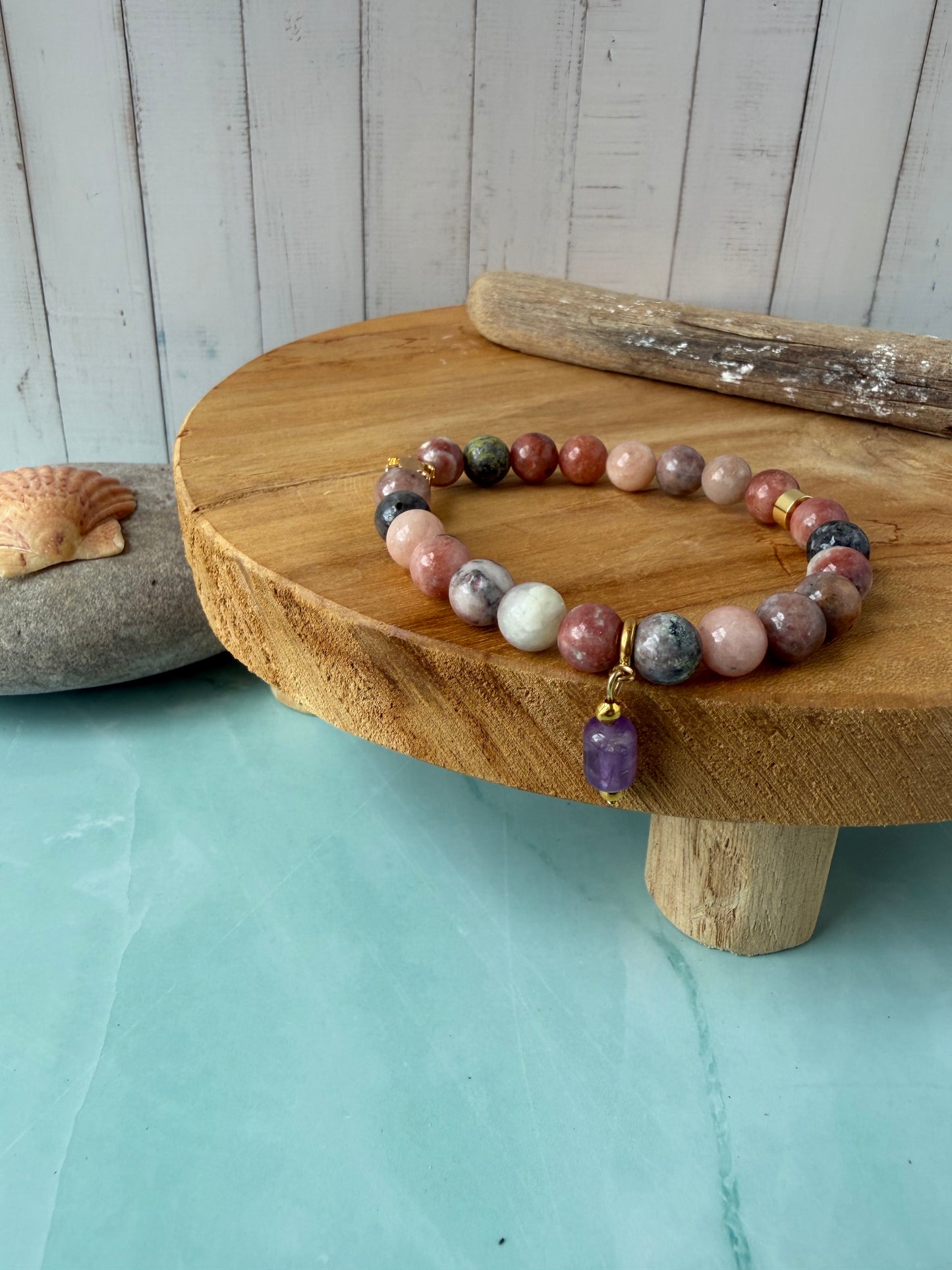 Statement Rhodonite Amethyst and Turtle Bracelet