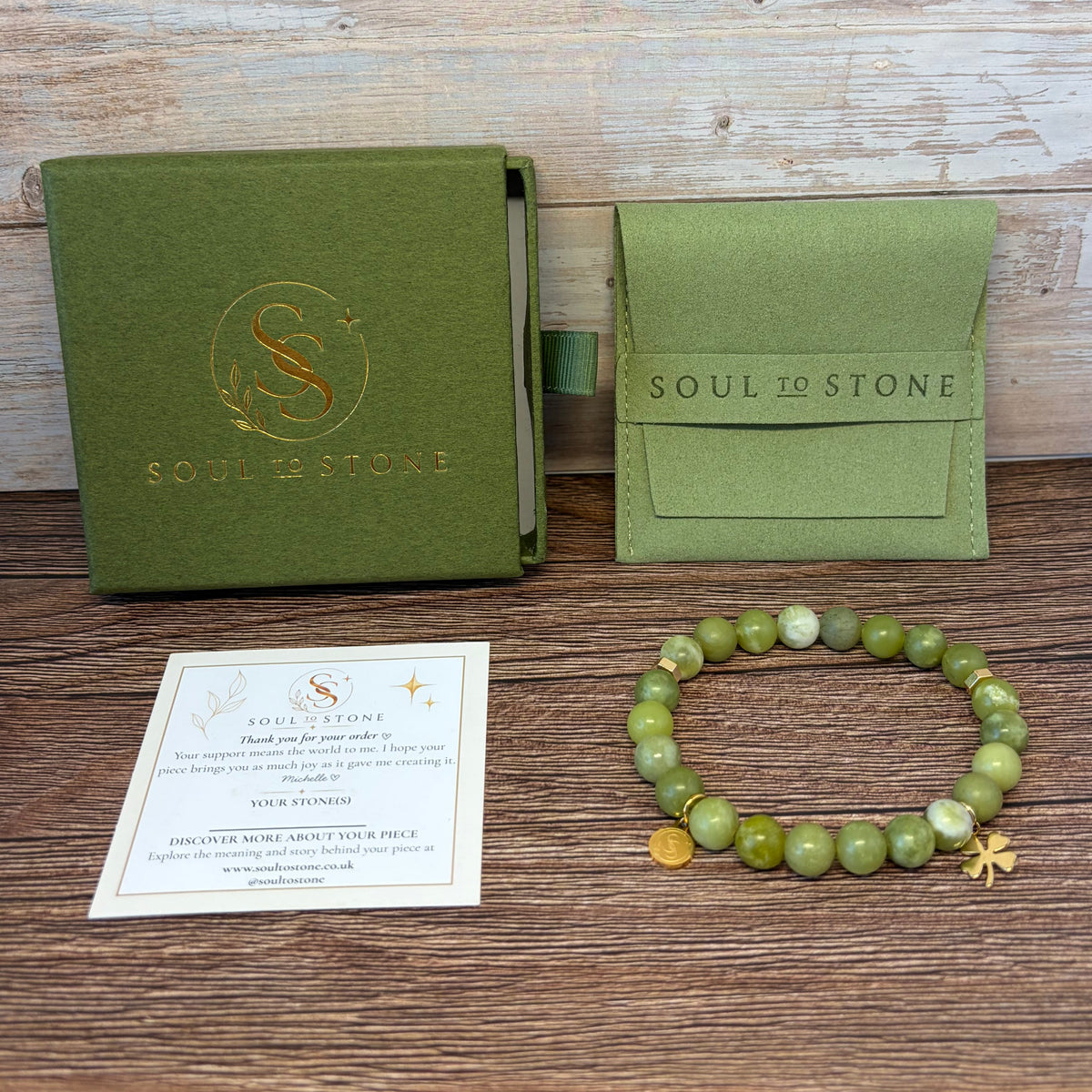 Statement Taiwan Jade Bracelet with Four Leaf Clover Drop Charm