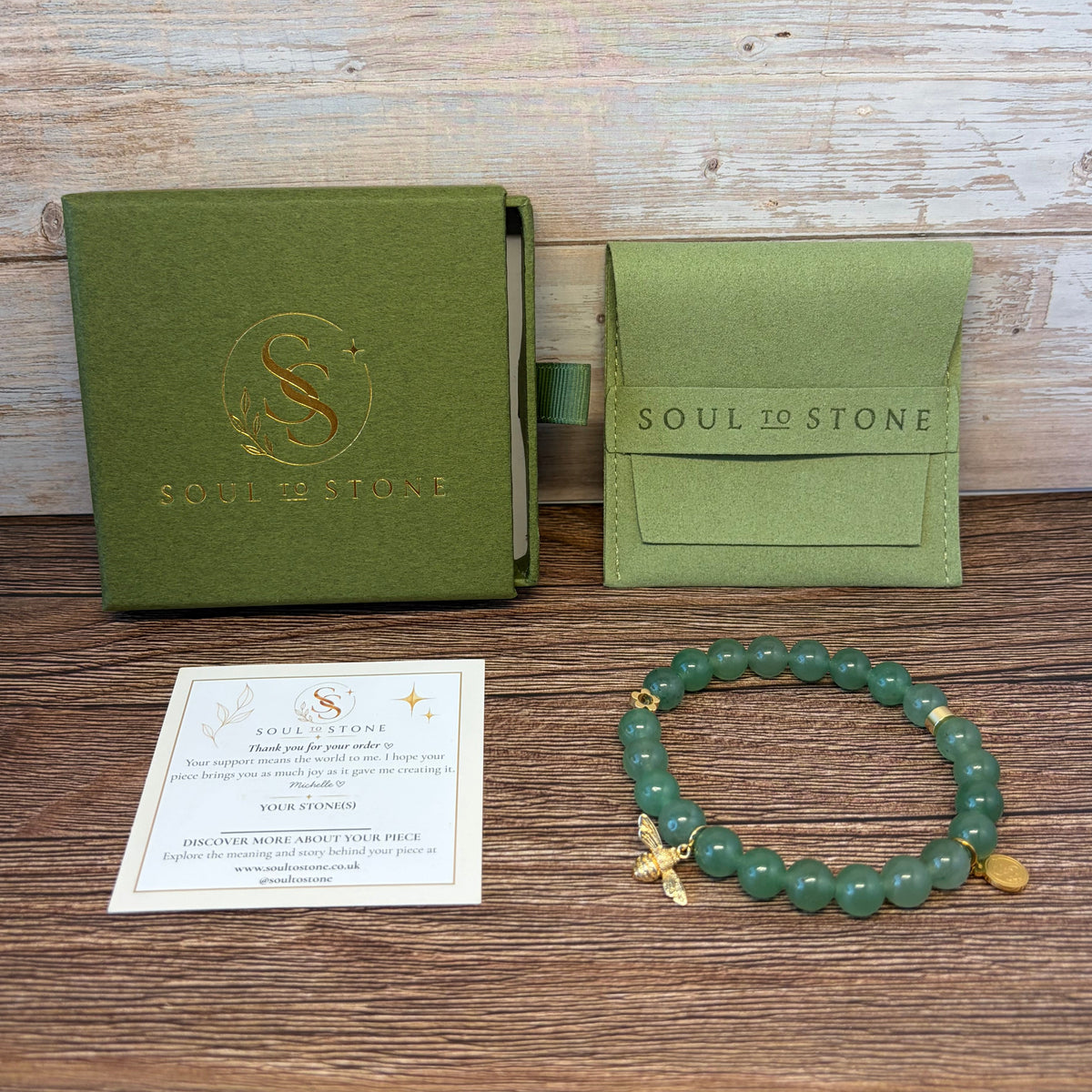 Statement Green Aventurine Bracelet with Flower Charm and Bee Drop Charm Pendant