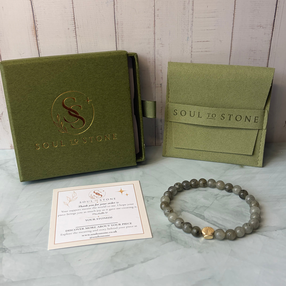 Signature Labradorite Bracelet with a Shell Charm