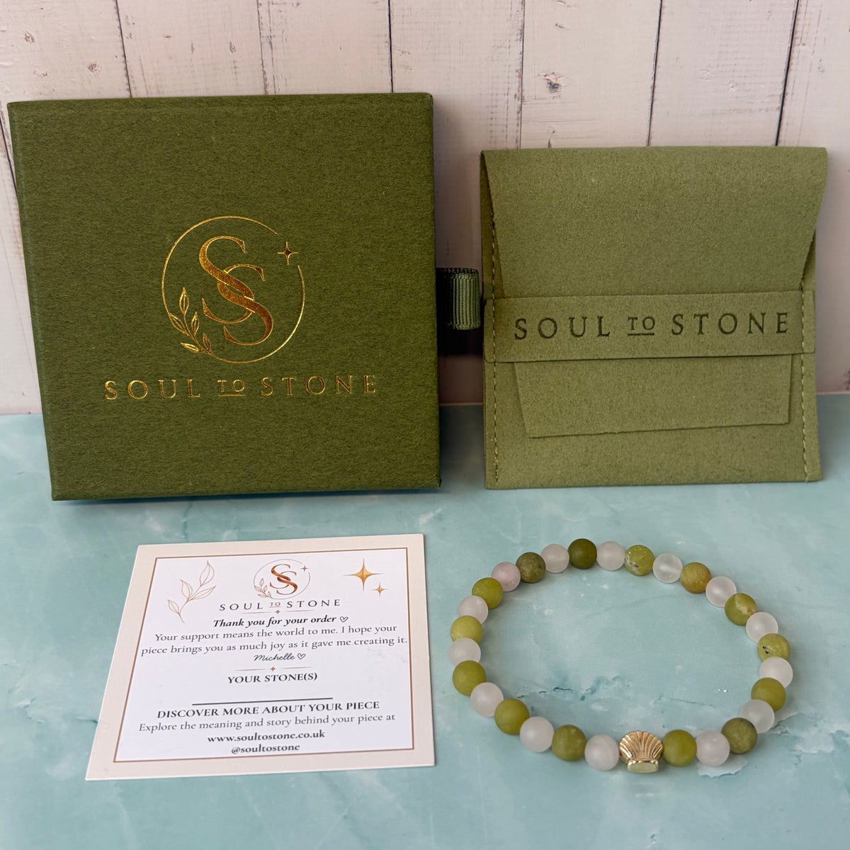Signature Frosted Taiwan Jade and Frosted Rose Quartz Bracelet with a Shell Charm