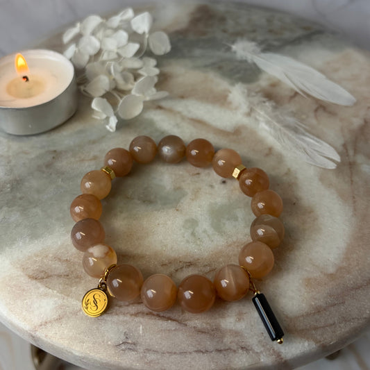 Sovereign Peach Moonstone Bracelet with Black Onyx Pendant Charm