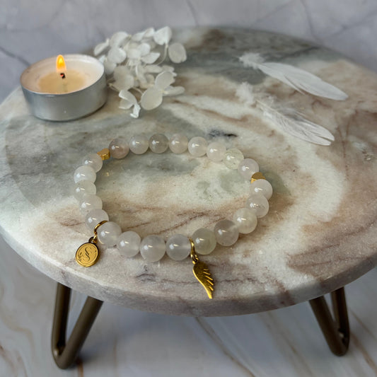 Statement Blue Flash Moonstone Bracelet with an Angel Wing Pendant Charm