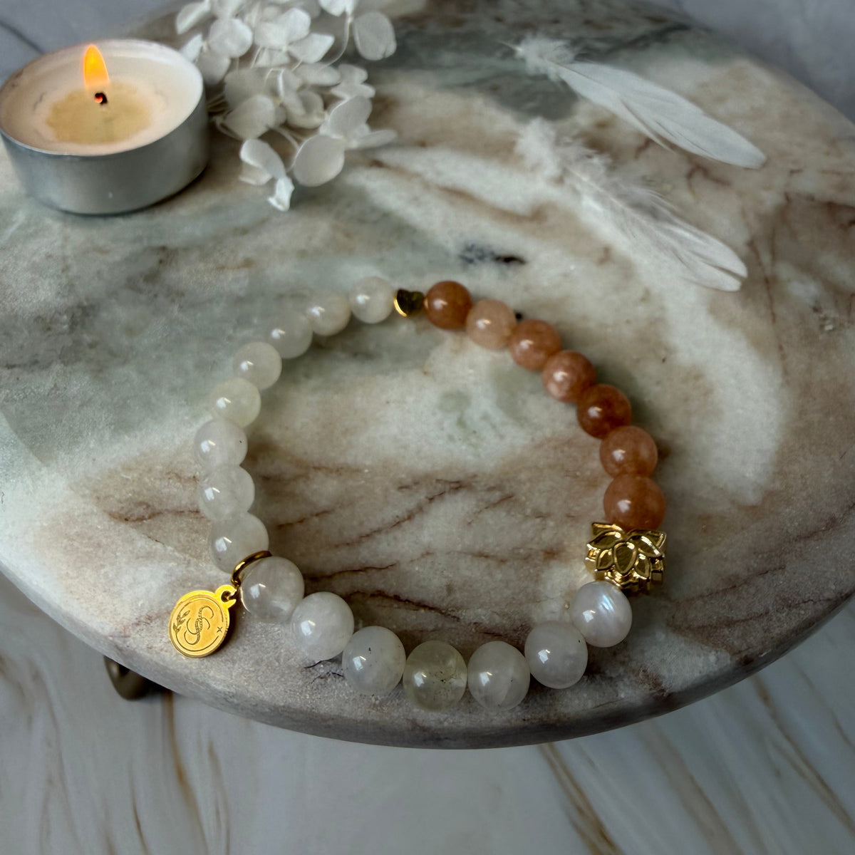 Statement Blue Flash Moonstone and Peach Moonstone Bracelet with a Heart and Lotus Flower Charm
