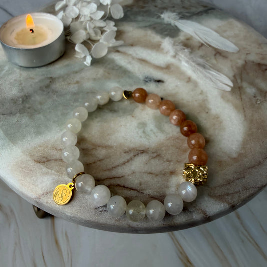 Statement Blue Flash Moonstone and Peach Moonstone Bracelet with a Heart and Lotus Flower Charm