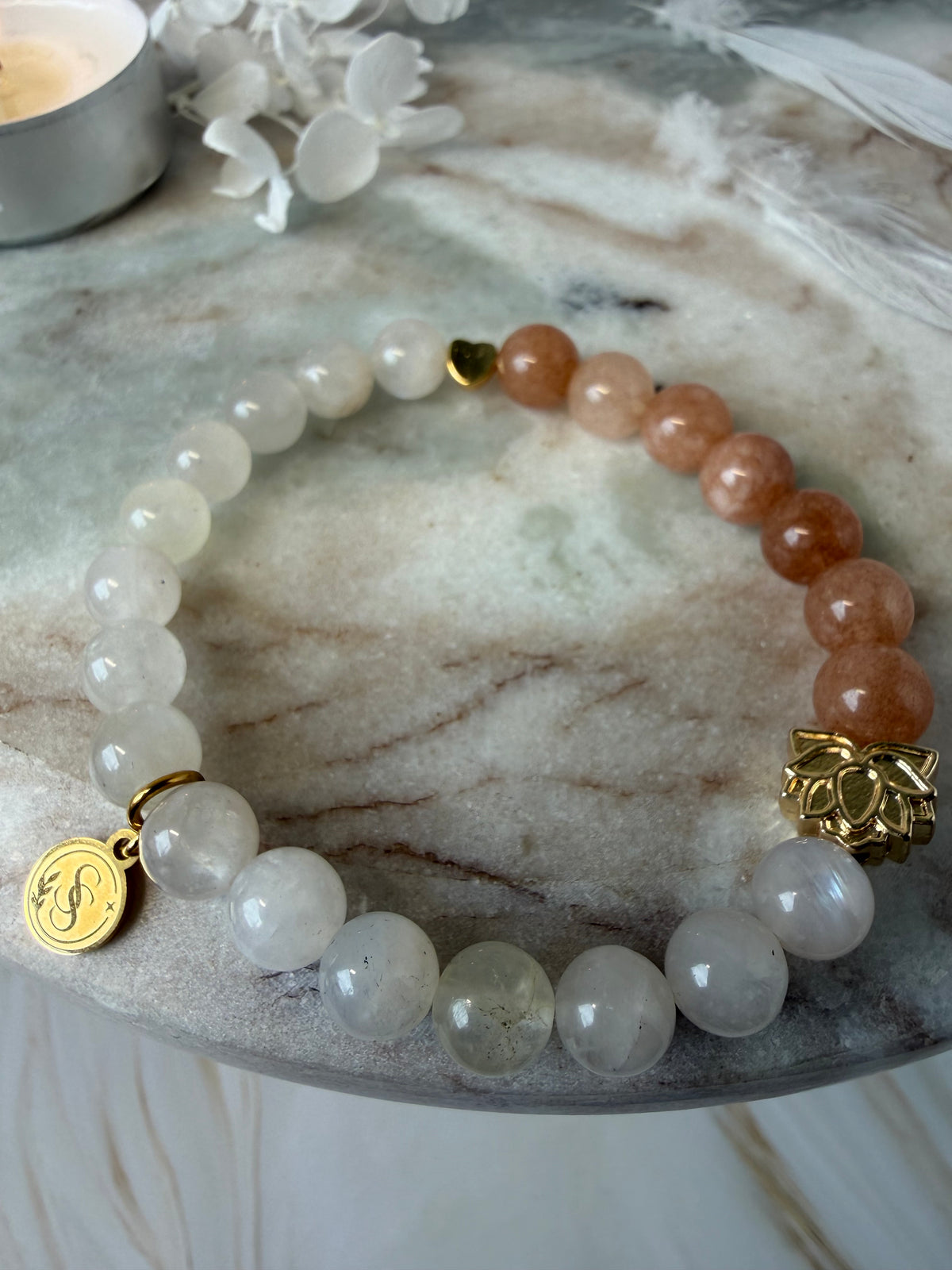 Statement Blue Flash Moonstone and Peach Moonstone Bracelet with a Heart and Lotus Flower Charm