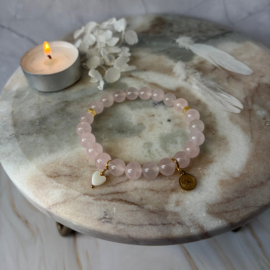 Statement Rose Quartz Bracelet with a Freshwater Pearl Heart Shaped Charm Pendant