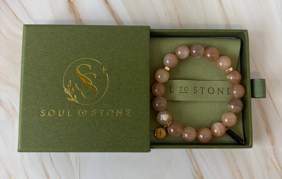 Sovereign Peach Moonstone Bracelet with Black Onyx Pendant Charm