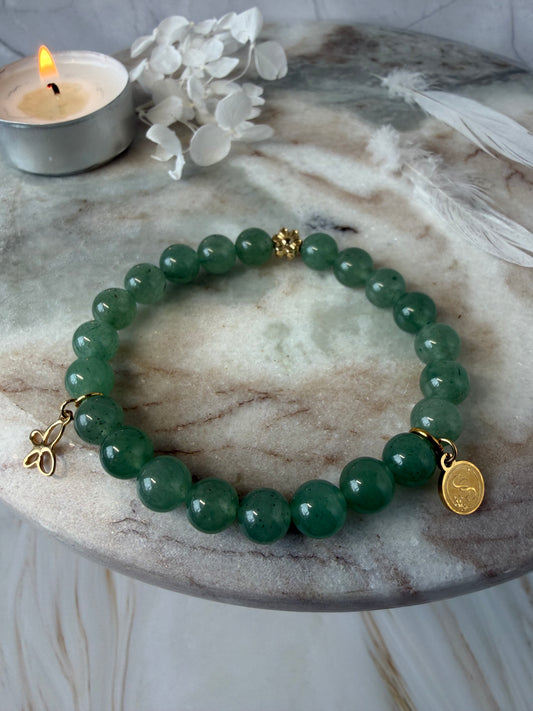 Statement Green Aventurine Bracelet with Flower Charm and Butterfly Pendant