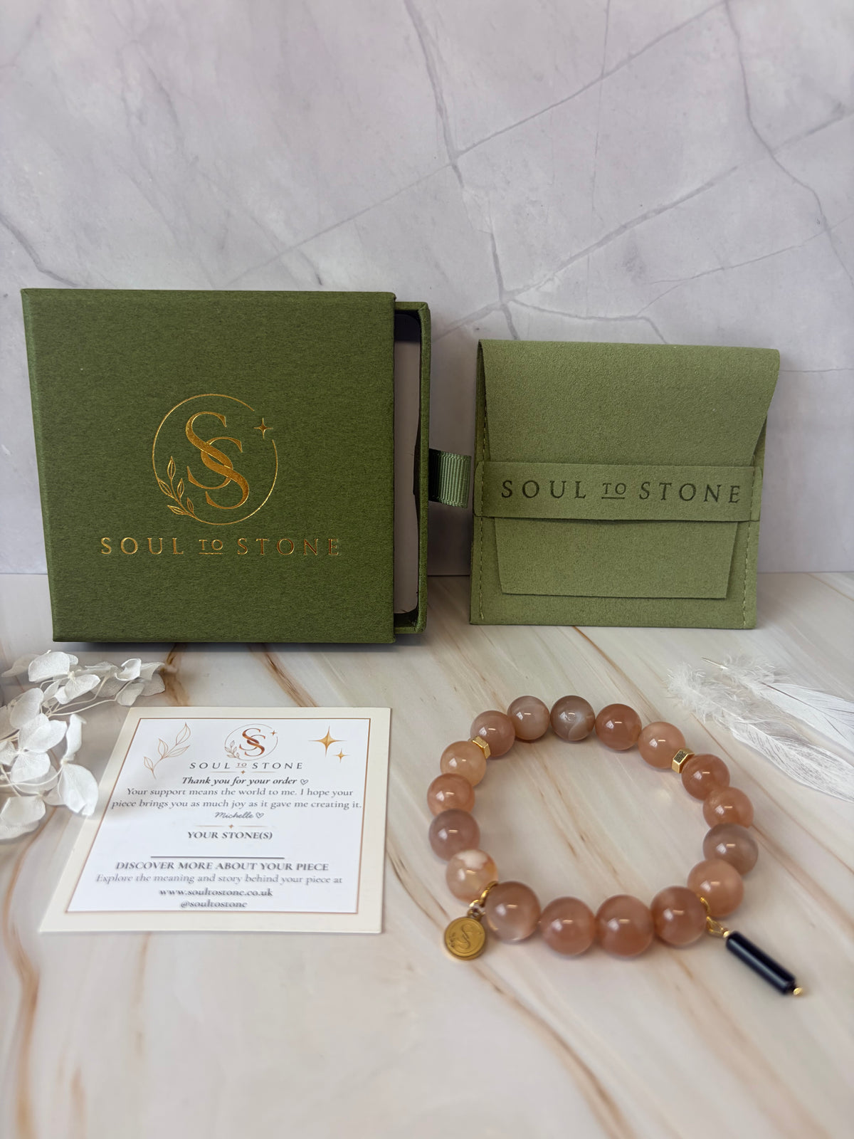 Sovereign Peach Moonstone Bracelet with Black Onyx Pendant Charm