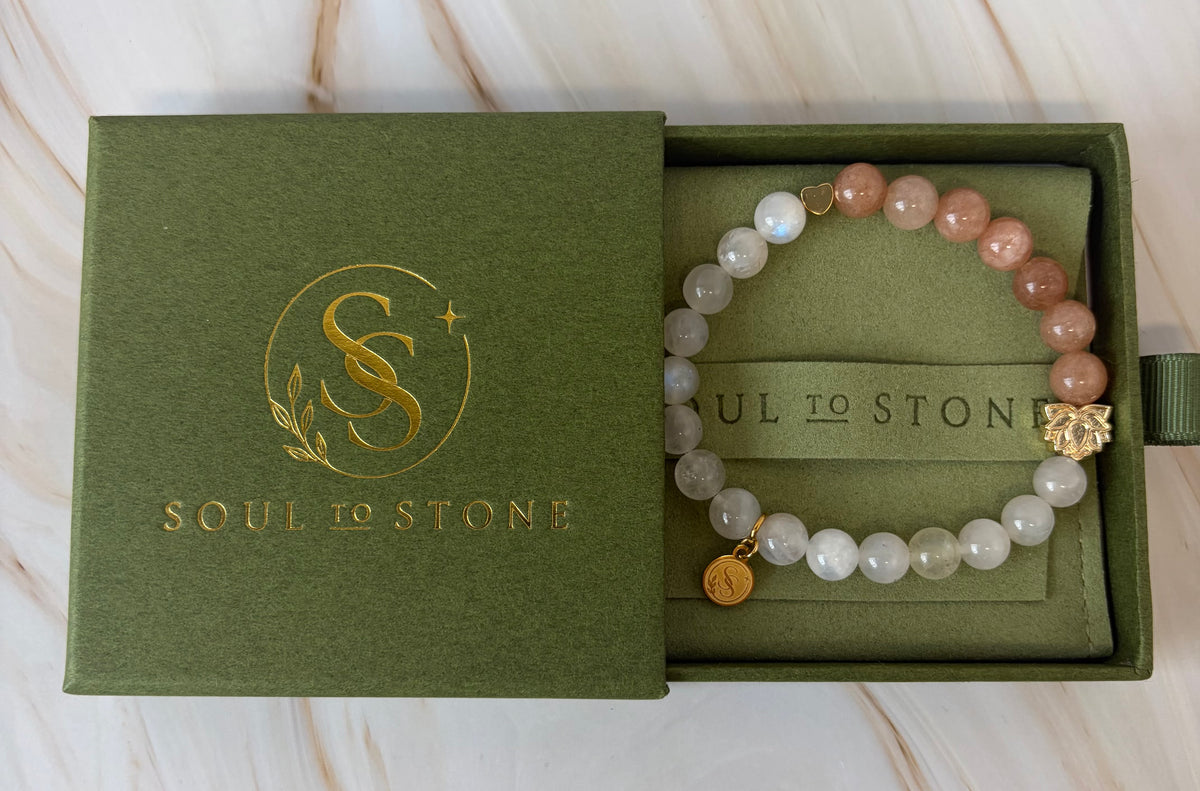 Statement Blue Flash Moonstone and Peach Moonstone Bracelet with a Heart and Lotus Flower Charm