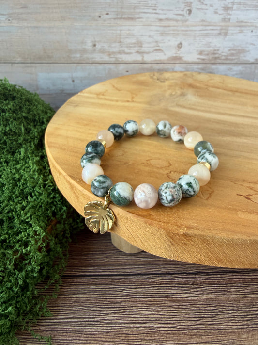 Sovereign Moss Agate & Flower Agate Bracelet with Monstera Charm