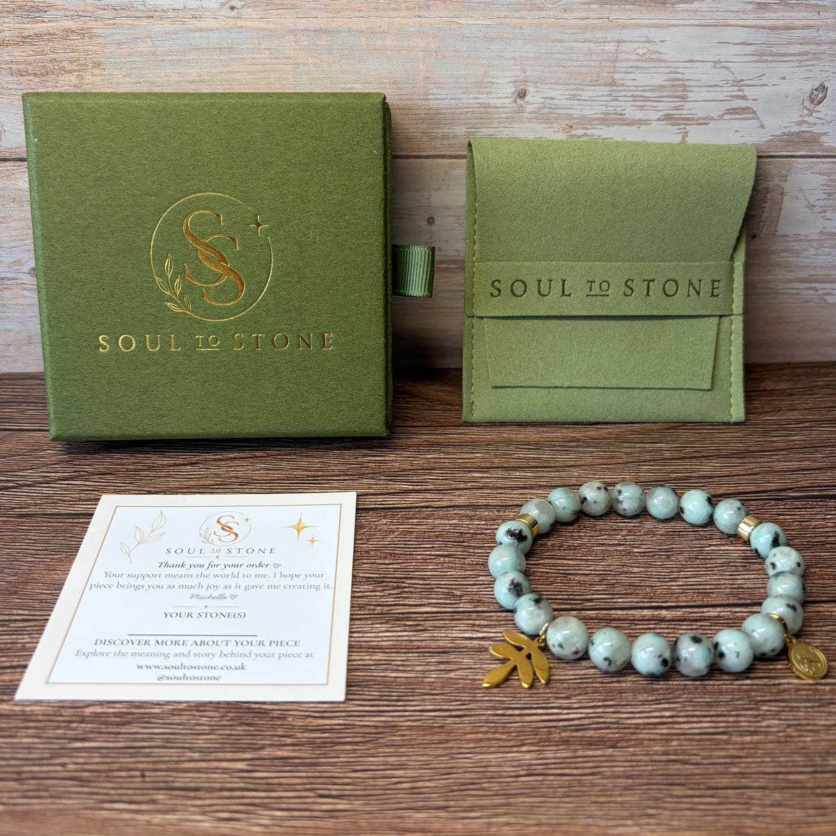 Statement Kiwi Jasper Bracelet with Botanical Leaf Drop Charm