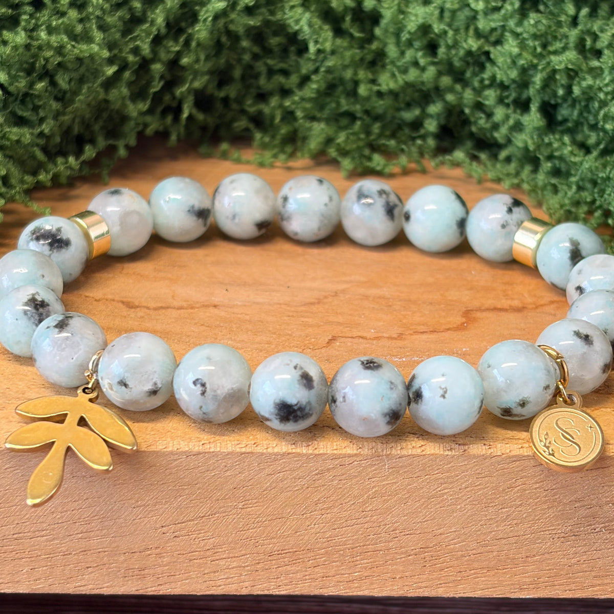 Statement Kiwi Jasper Bracelet with Botanical Leaf Drop Charm