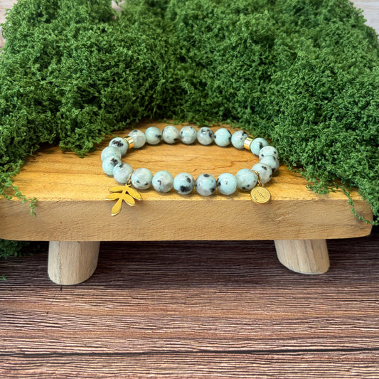 Statement Kiwi Jasper Bracelet with Botanical Leaf Drop Charm