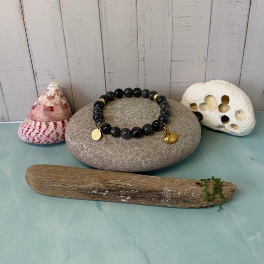 Statement Blue Flash Labradorite Bracelet with Shell Drop Charm