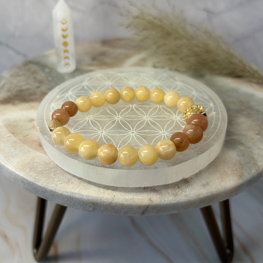 Statement Peach and Lemon Moonstone Bracelet with a Lotus Flower and Leaf Charm