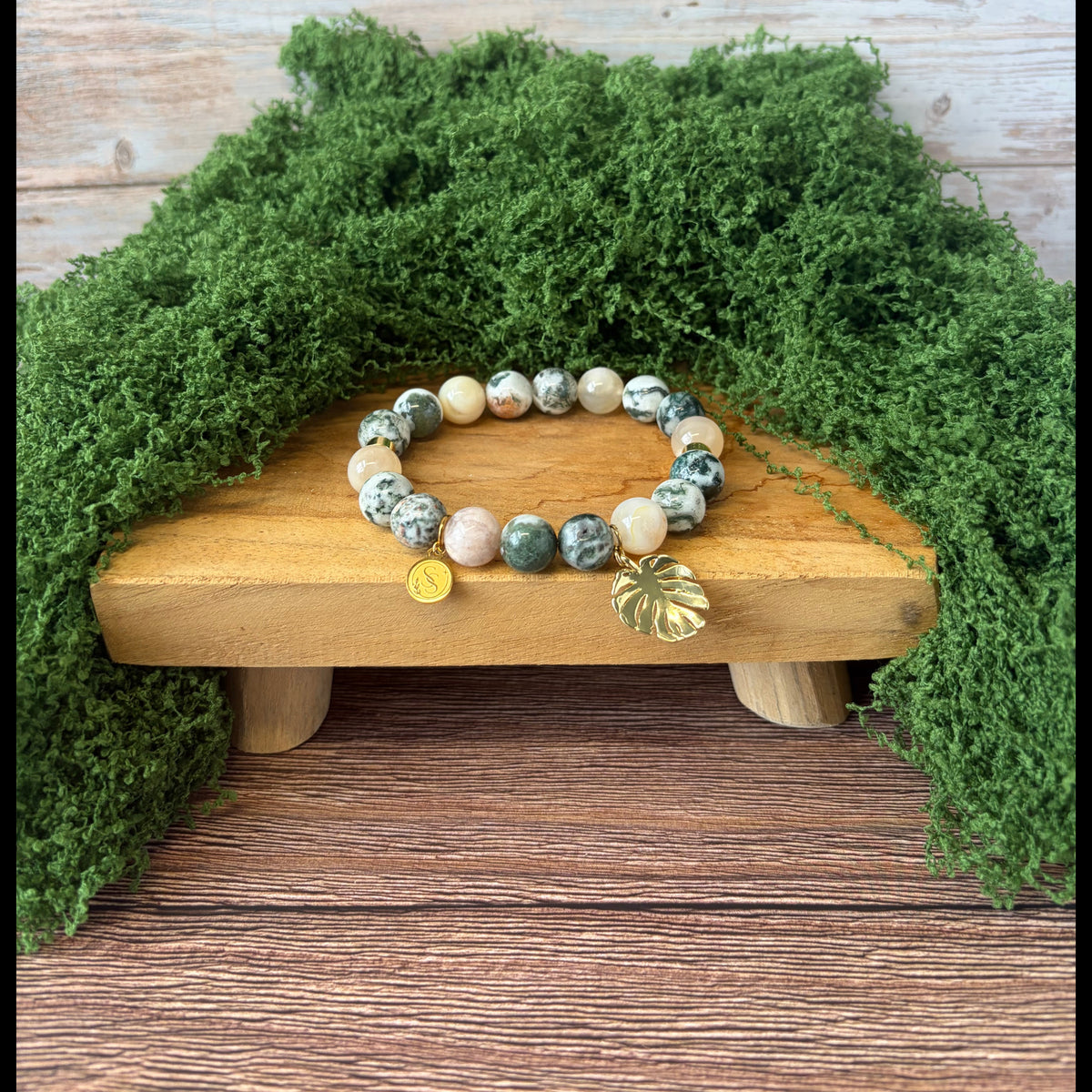Sovereign Moss Agate and Flower Agate bracelet with Monstera Leaf Drop Charm