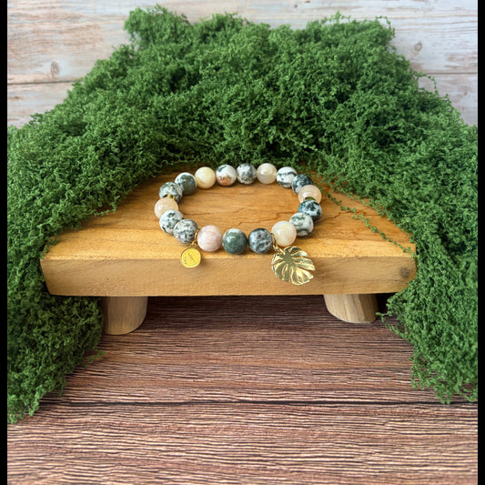 Sovereign Moss Agate and Flower Agate bracelet with Monstera Leaf Drop Charm