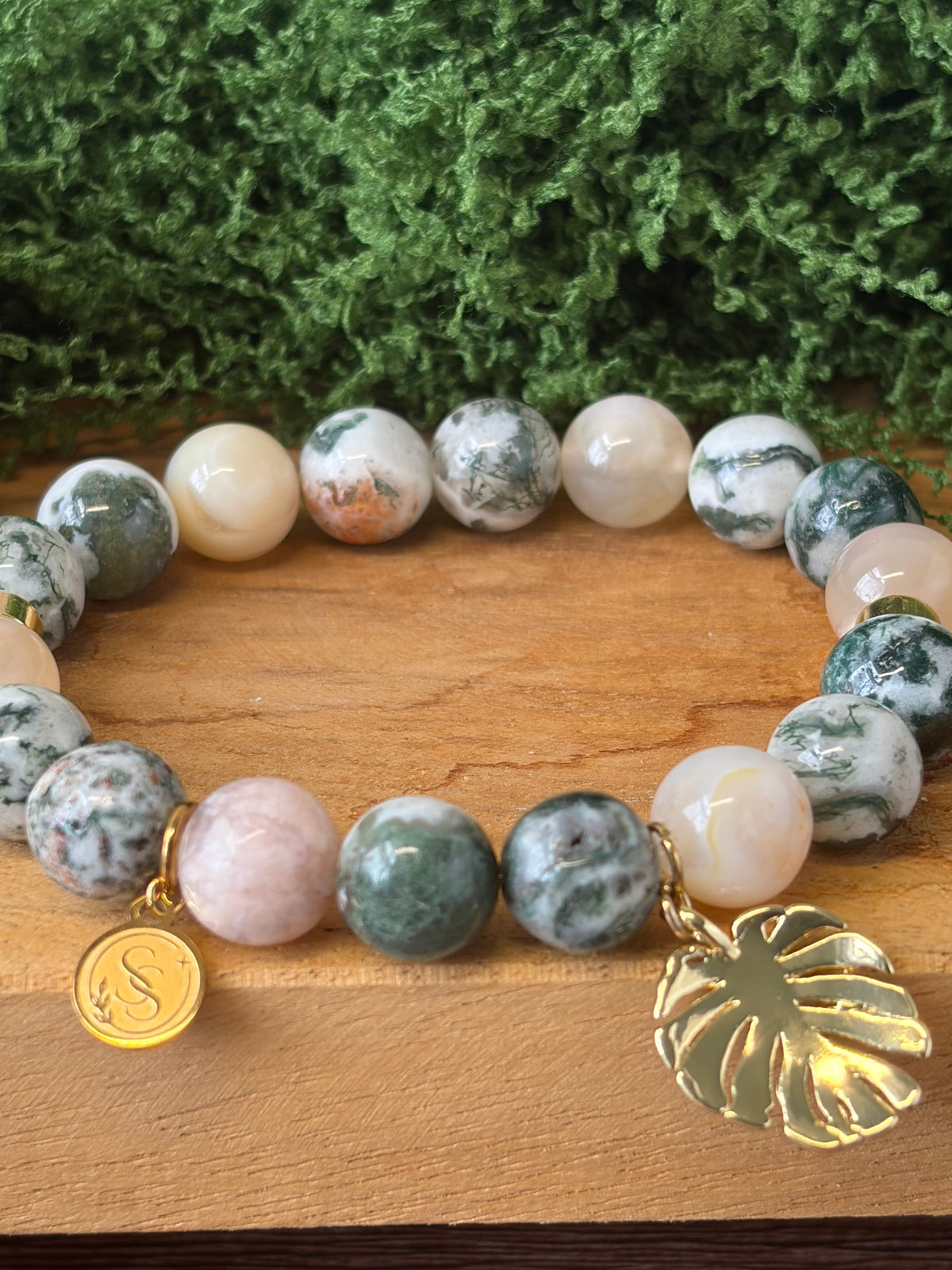 Sovereign Moss Agate and Flower Agate bracelet with Monstera Leaf Drop Charm