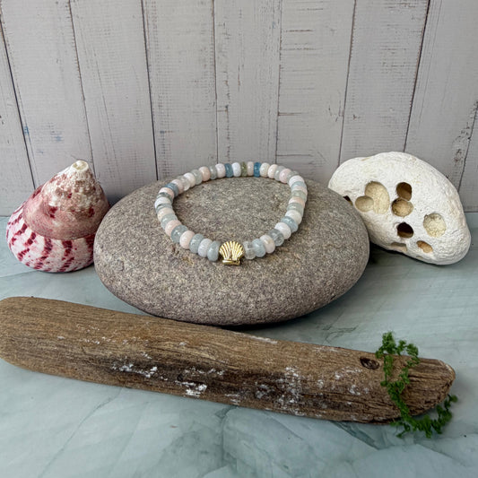 Signature Aquamarine and Opal Pebble Bead Shell Charm Bracelet
