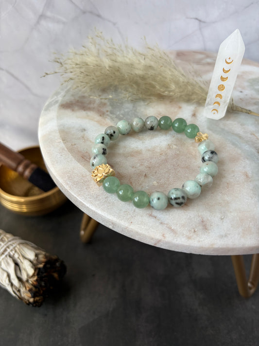 Statement Kiwi Jasper and Aventurine Bracelet with Lotus charm