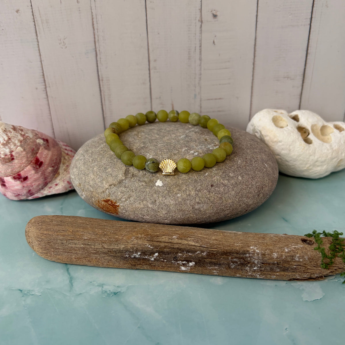 Signature Frosted Taiwan Jade Bracelet with a Shell Charm