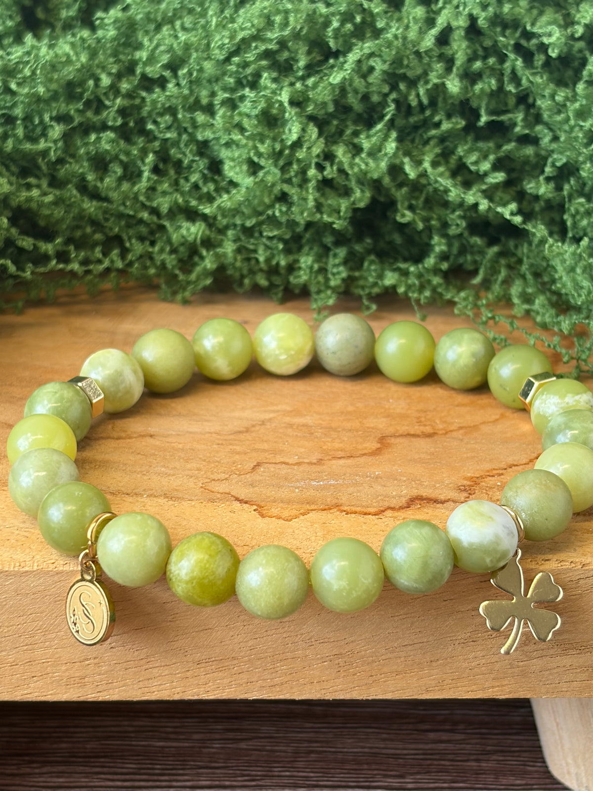 Statement Taiwan Jade Bracelet with Four Leaf Clover Drop Charm