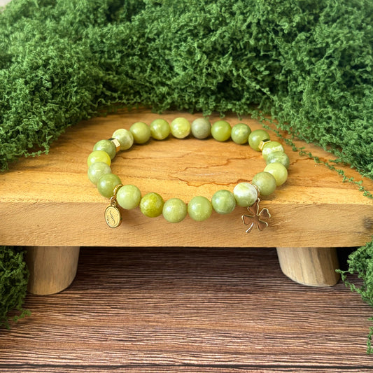 Statement Taiwan Jade Bracelet with Four Leaf Clover Drop Charm