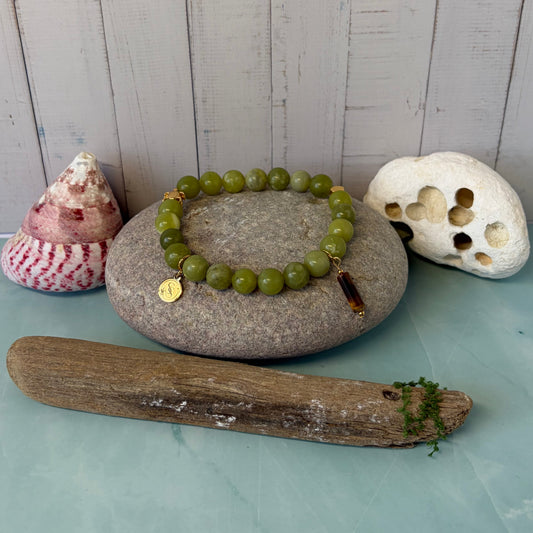 Statement Taiwan Jade Bracelet with a Turtle Charm and Tigers Eye Drop Charm Pendant