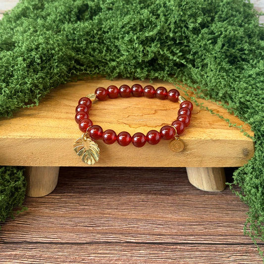Statement Fire Carnelian Bracelet with Leaf Charms and a Monstera Leaf Drop Charm