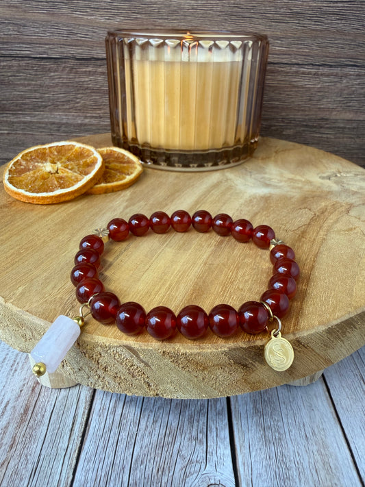 Statement Fire Carnelian Bracelet with Rose Quartz Pendant Drop Charm