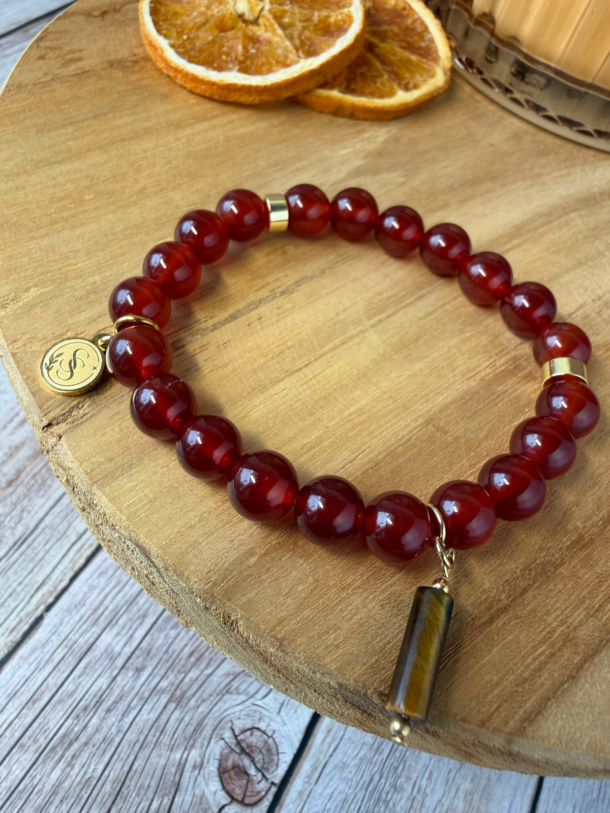 Statement Fire Carnelian Bracelet with Tigers Eye Pendant Drop Charm