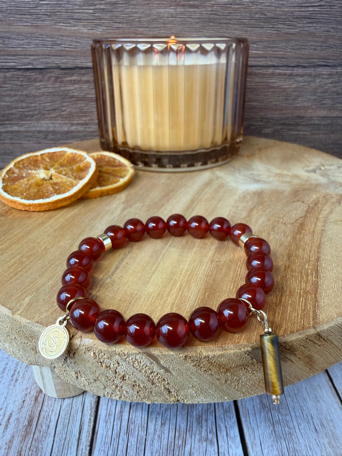 Statement Fire Carnelian Bracelet with Tigers Eye Pendant Drop Charm