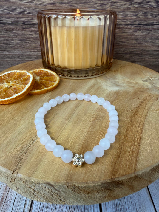 Signature Frosted Rose Quartz Bracelet with a Flower Charm