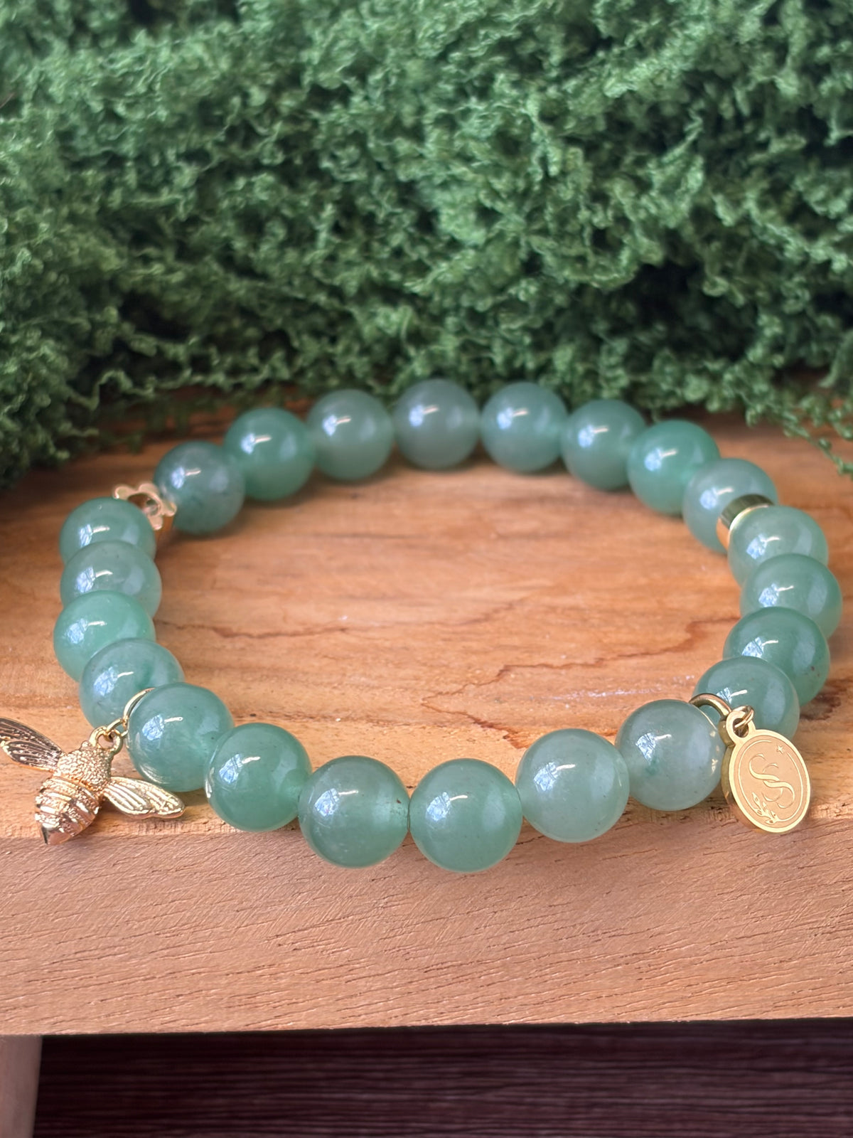 Statement Green Aventurine Bracelet with Flower Charm and Bee Drop Charm Pendant