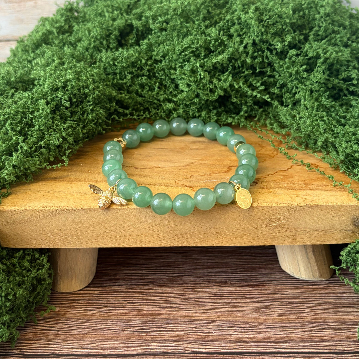 Statement Green Aventurine Bracelet with Flower Charm and Bee Drop Charm Pendant