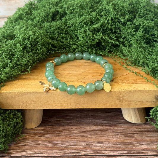 Statement Green Aventurine Bracelet with Flower Charm and Bee Drop Charm Pendant