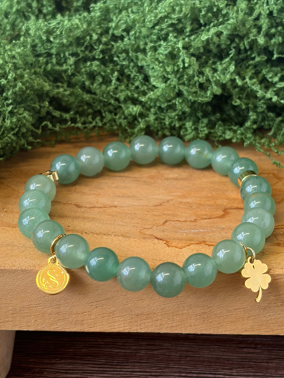Statement Green Aventurine Bracelet with Flower Charm and Four Leaf Clover Drop Charm