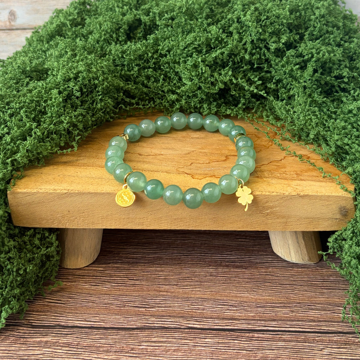 Statement Green Aventurine Bracelet with Flower Charm and Four Leaf Clover Drop Charm