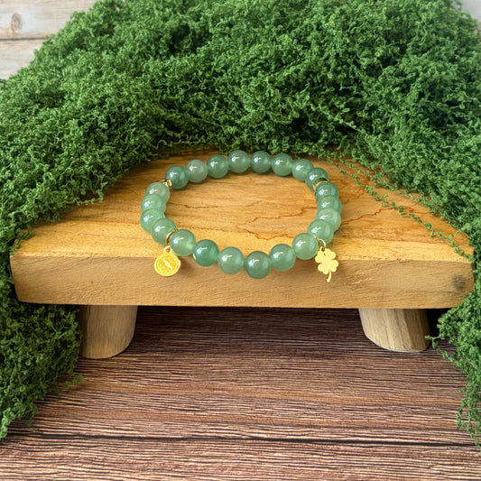 Statement Green Aventurine Bracelet with Flower Charm and Four Leaf Clover Drop Charm
