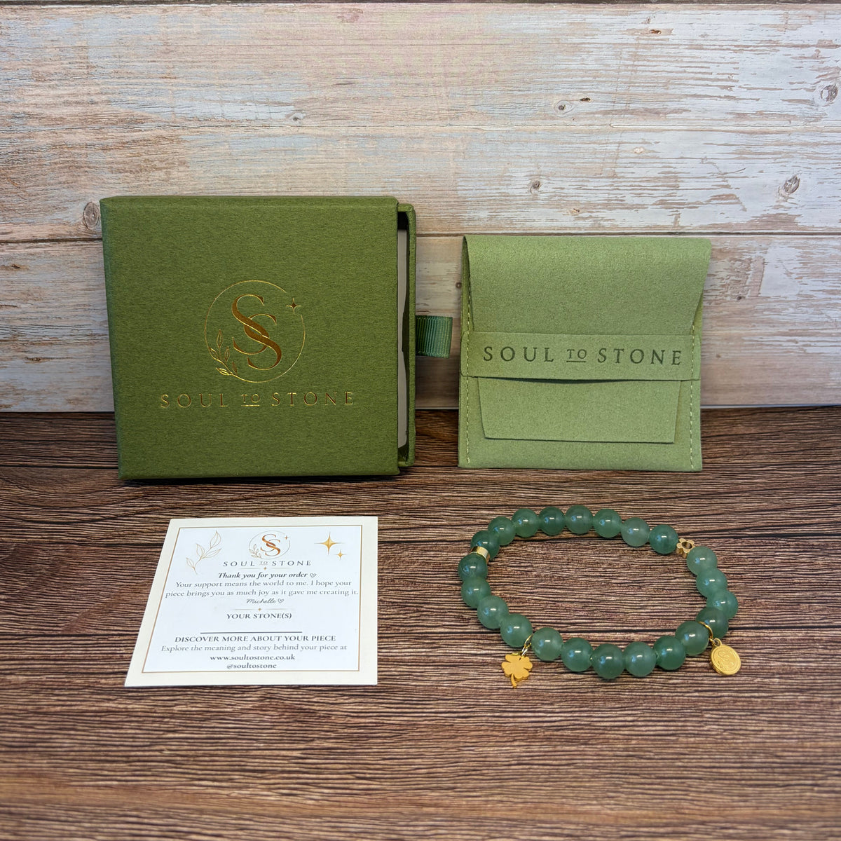 Statement Green Aventurine Bracelet with Flower Charm and Four Leaf Clover Drop Charm