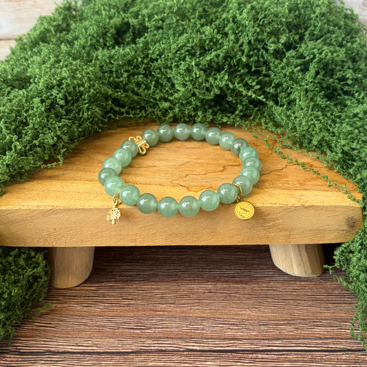Statement Green Aventurine Bracelet with Butterfly Charm and Tree of Life Drop Charm