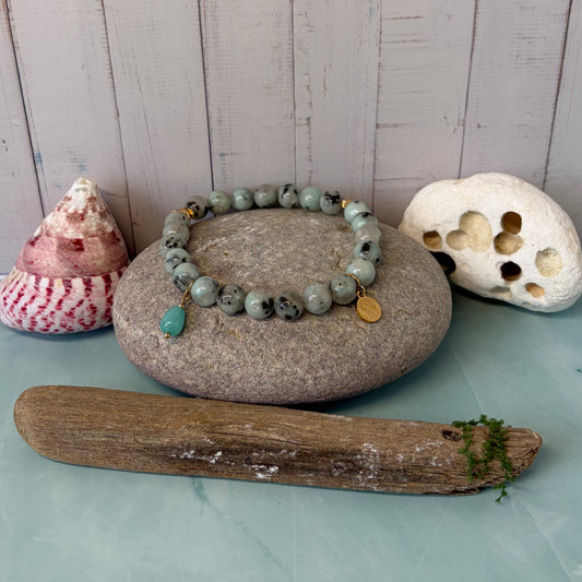 Statement Kiwi Jasper Bracelet with Turtle and Heart Charms and an Aquamarine Drop Charm