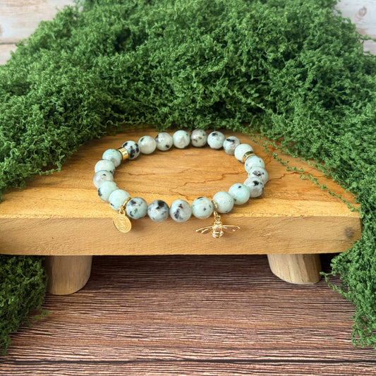 Statement Kiwi Jasper Bracelet with a Bee Pendant Charm