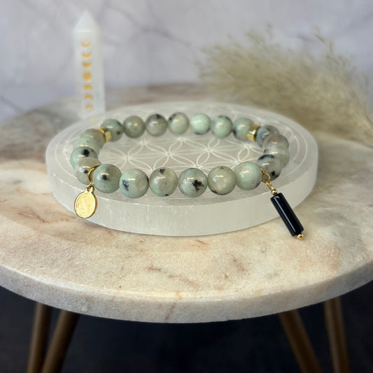 Statement Kiwi Jasper Bracelet with a Black Onyx Pendant