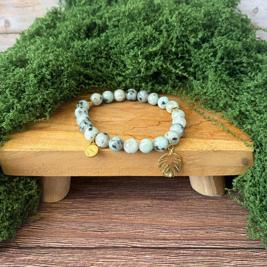 Statement Kiwi Jasper Bracelet with a Monstera Leaf Drop Charm