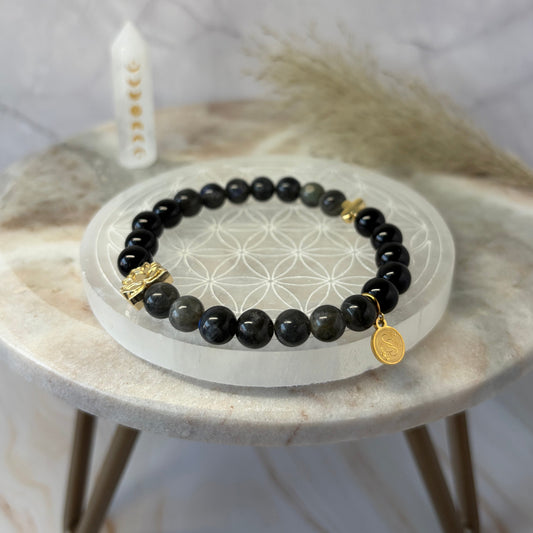 Statement Labradorite and Black Agate Bracelet with Lotus Flower and Cross charms