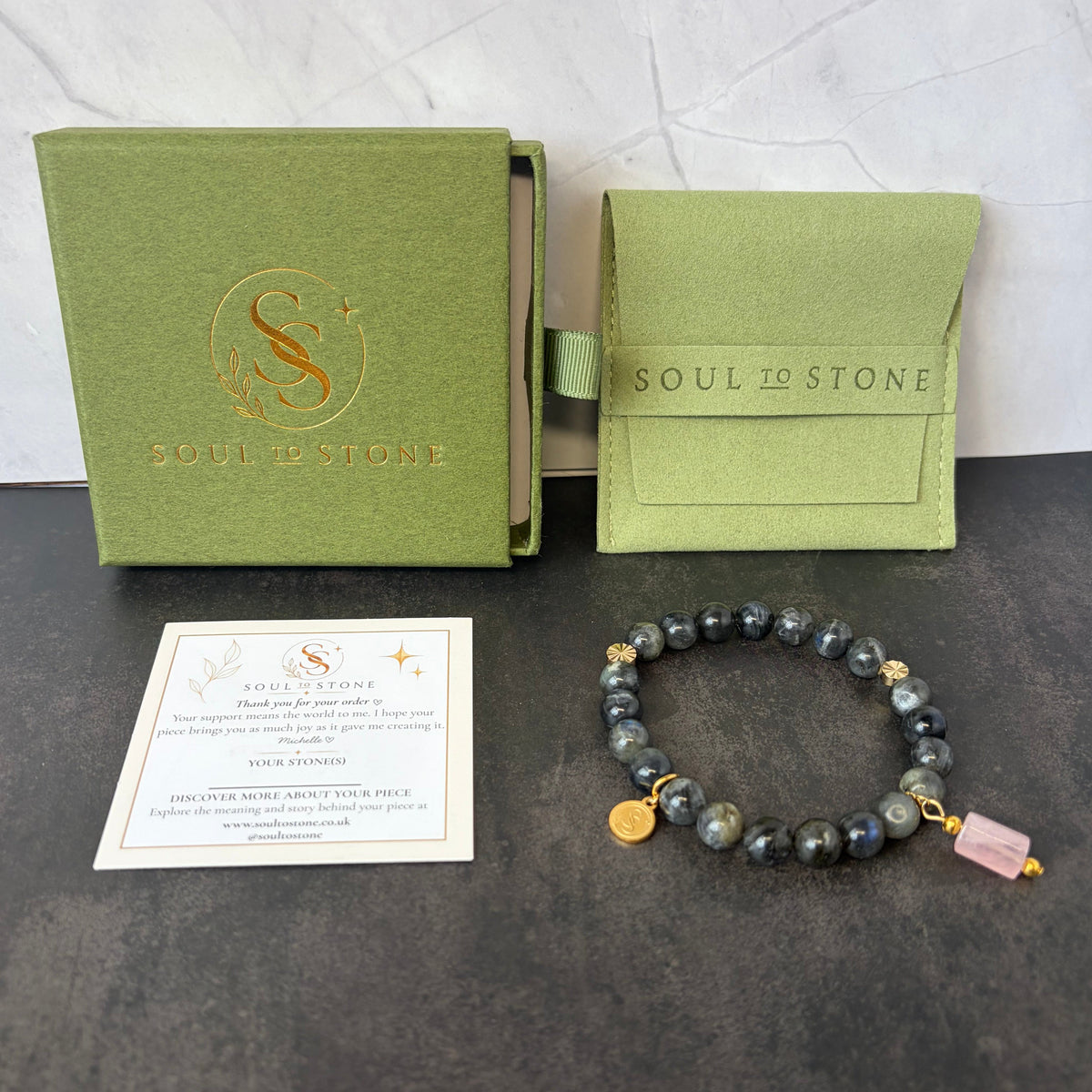 Statement Labradorite Bracelet with a Rose Quartz Pendant Drop Charm